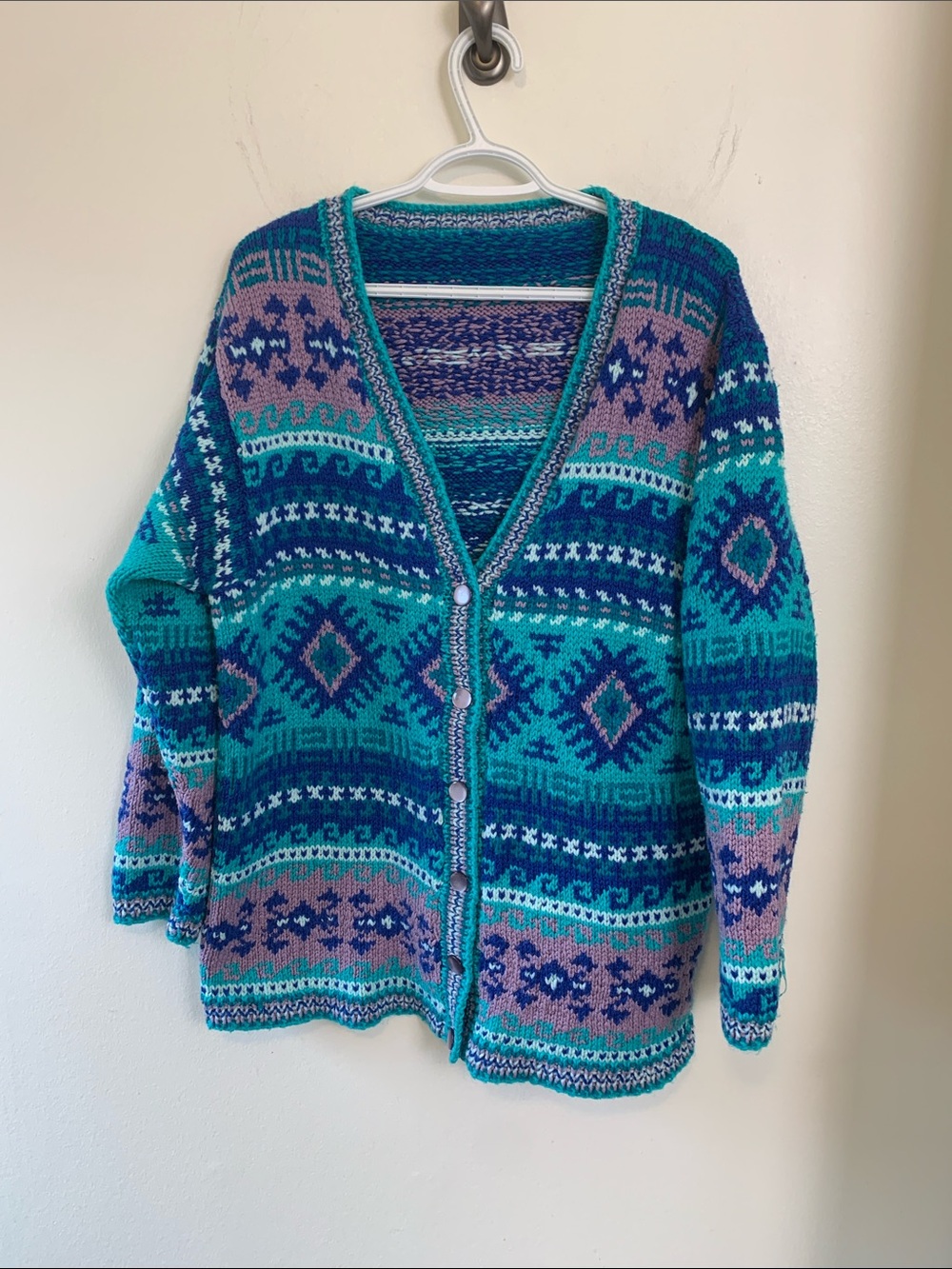 Homemade Teal   & Navy Patterned Button-Up Cardigan Sweater